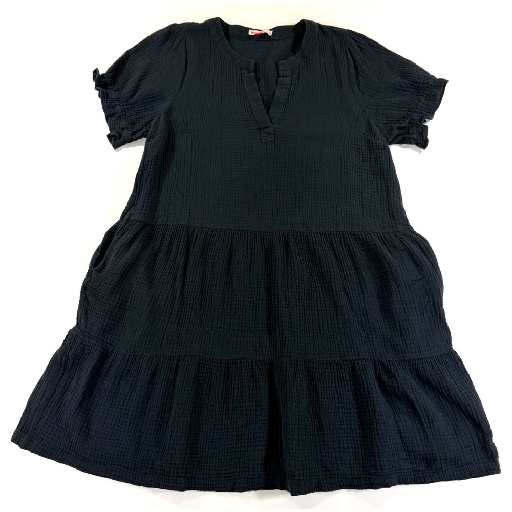 Marine Layer Cotton‎ Gauze Tiered Dress L Black Short Sleeve Jamie Pockets